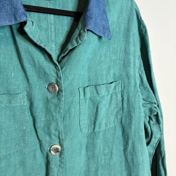 Cottagecore linen teal button down tunic jacket - Picture 2 of 4